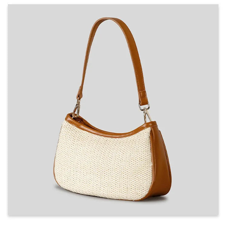 Khaki hand-woven straw crossbody bag made from PP grass with a single shoulder strap.