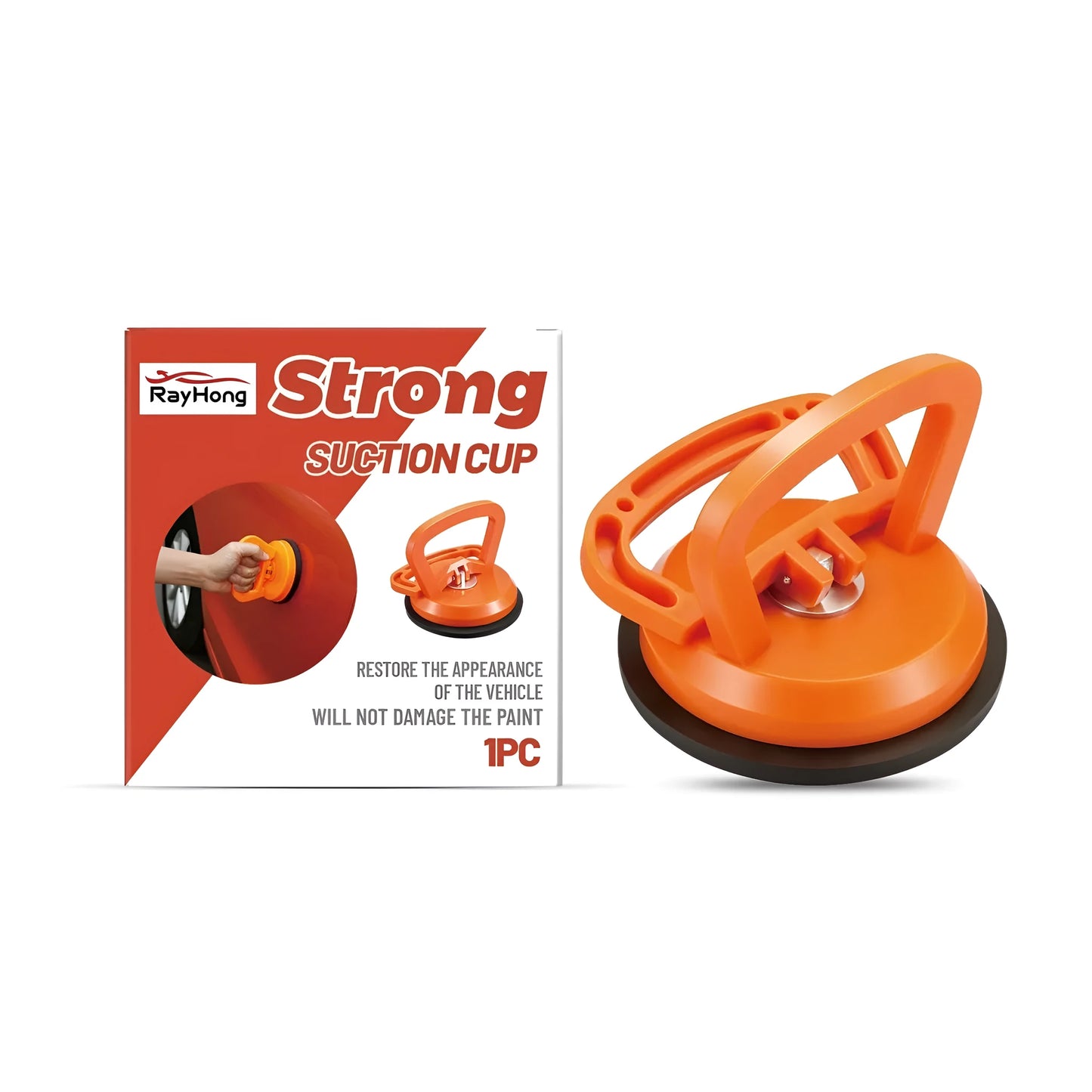 Suction cup puller tool with plastic body and rubber cup for removing suction cups from glass surfaces
