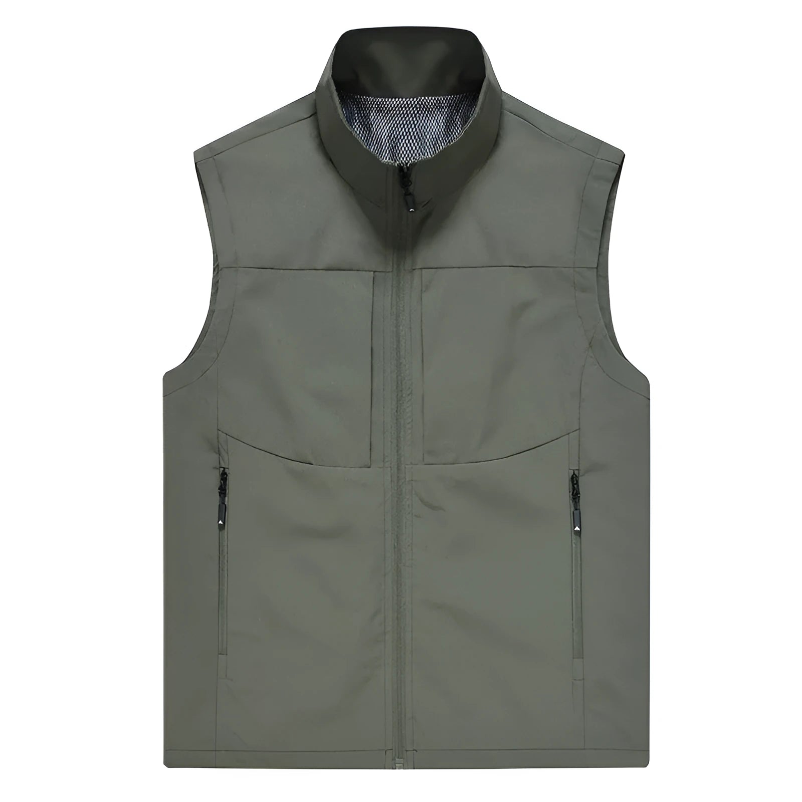 Men's loose fit cardigan vest in khaki with stand collar and zipper pockets