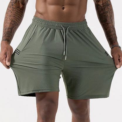 Men's black Ice Silk quick-drying sports shorts with high waist and drawstring.