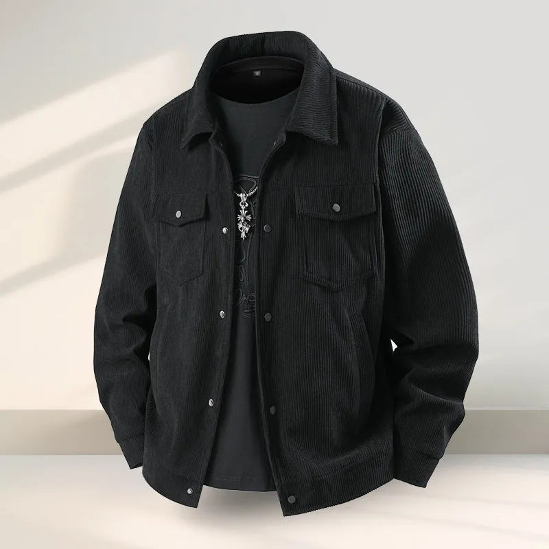 Men's black slim-fit casual coat made from stretch vinyl fabric on a hanger.
