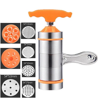 Compact stainless steel pasta maker with seven noodle moulds for making a variety of fresh homemade pasta shapes