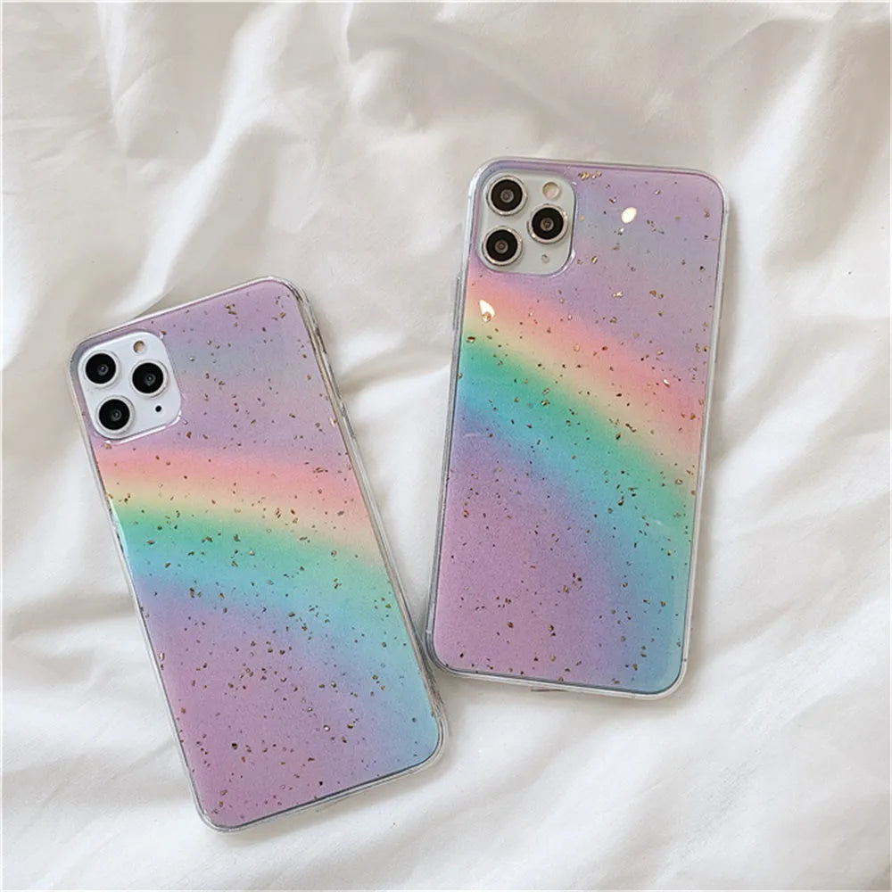 Rainbow gradient phone case with striped design elements on iPhone