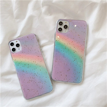 Rainbow gradient phone case with striped design elements on iPhone