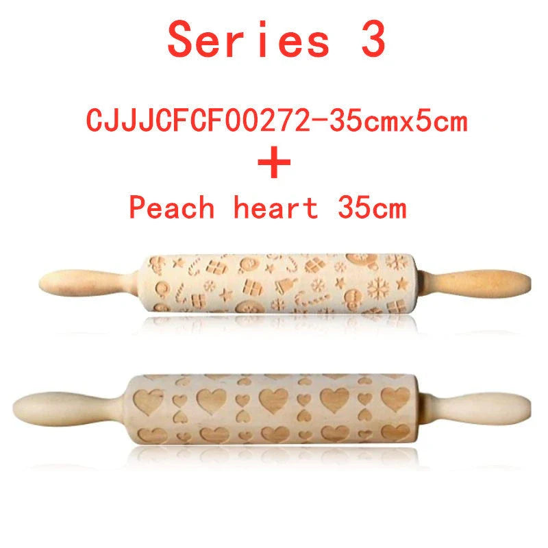 Festive rolling pin with embossed Christmas designs for easy imprinting on dough