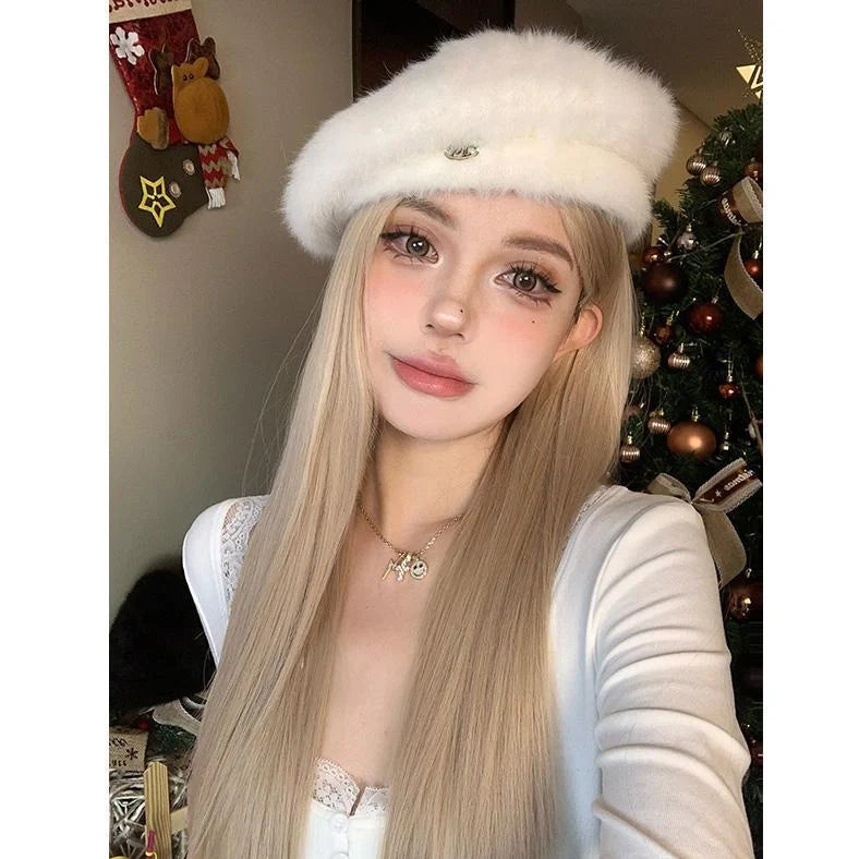 Women's straight synthetic wig in milk tea blonde colour measuring 50cm length with heat-resistant fibres