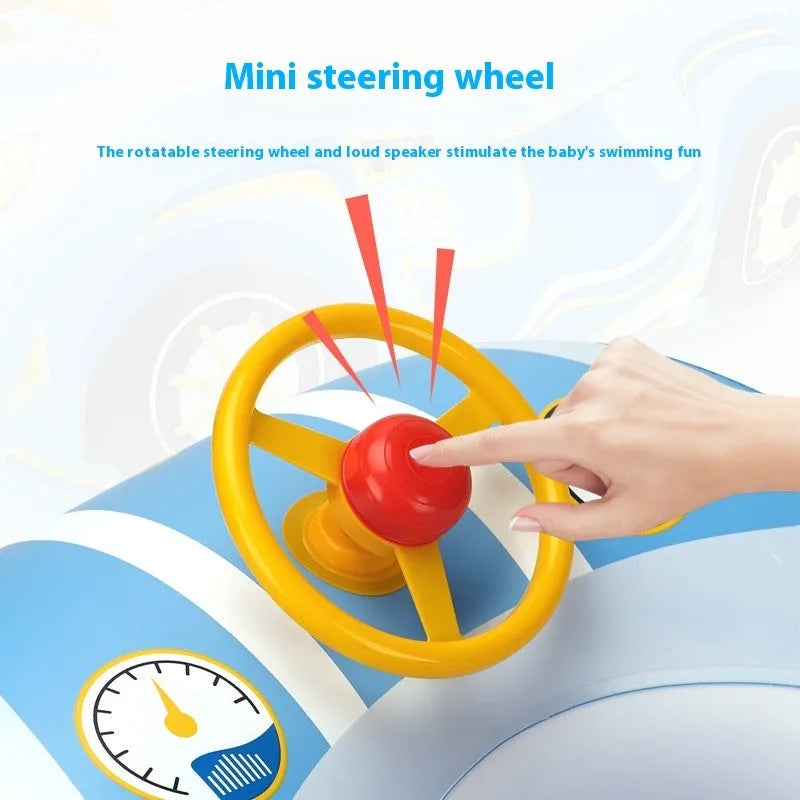 Pink inflatable swimming ring for children with a cartoon car steering wheel design.