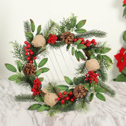 Christmas wreath with natural pine, pine cones, berries, and creamy clover frost decoration