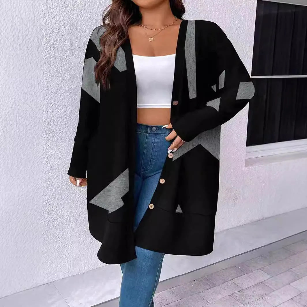 Black loose-fit plus size cardigan coat with button front and stitching print detail.