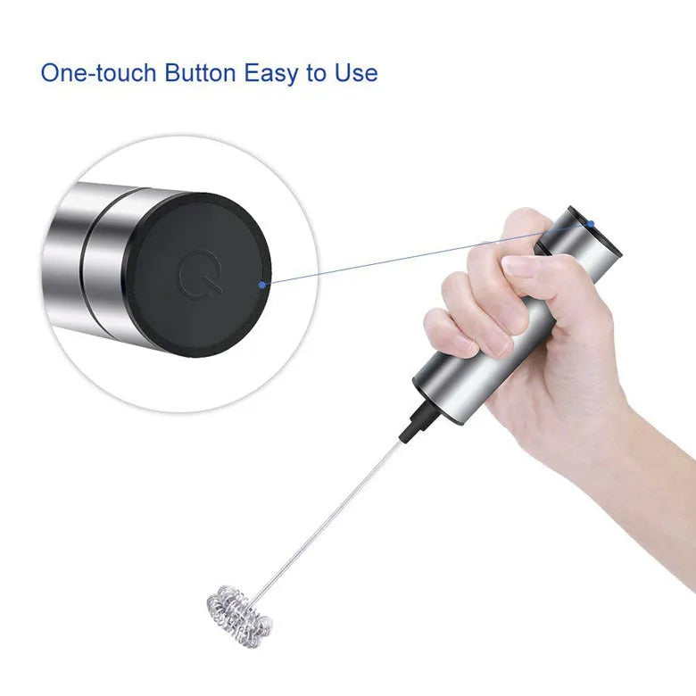 Silver handheld electric milk frother with detachable stainless steel whisk head