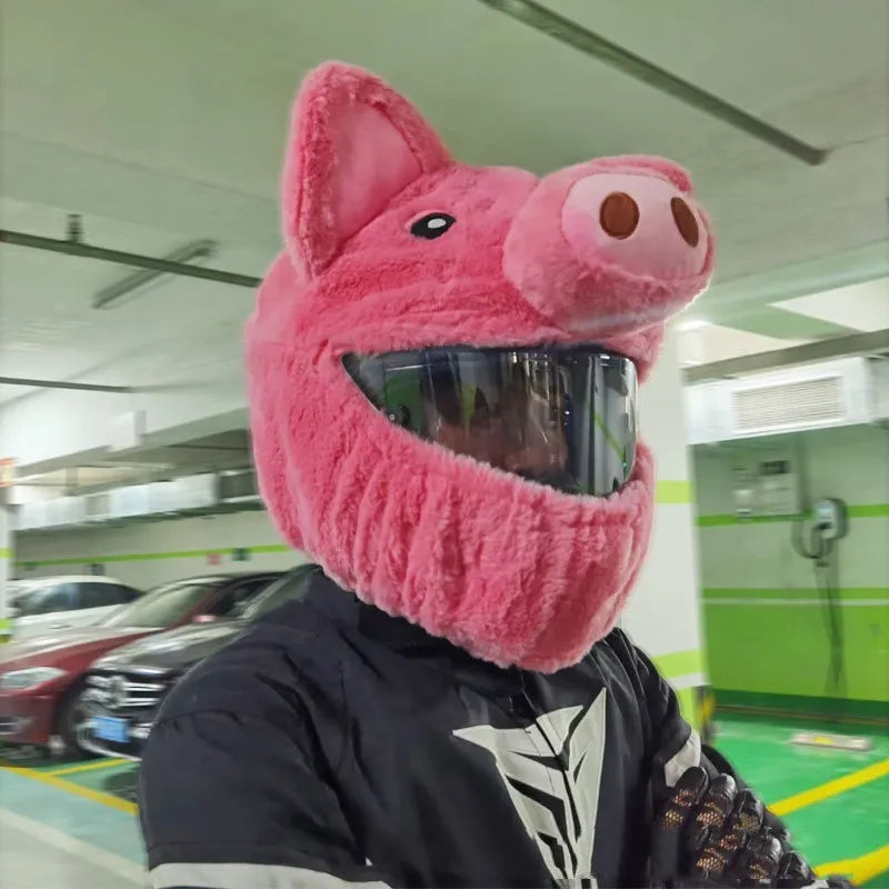 Pink pig cartoon plush helmet protective hood made from pv velvet cloth