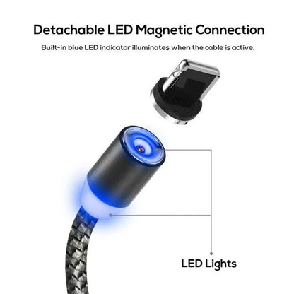 Magnetic 3-in-1 charging cable with Apple, Android, and USB-C plugs on a table