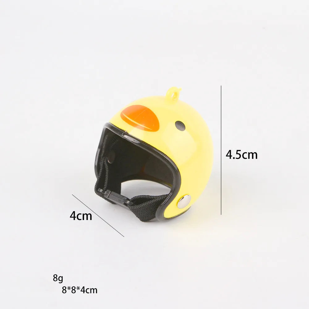 Small hard plastic helmet with elastic straps and sponge lining, designed for a chicken or bird to wear.