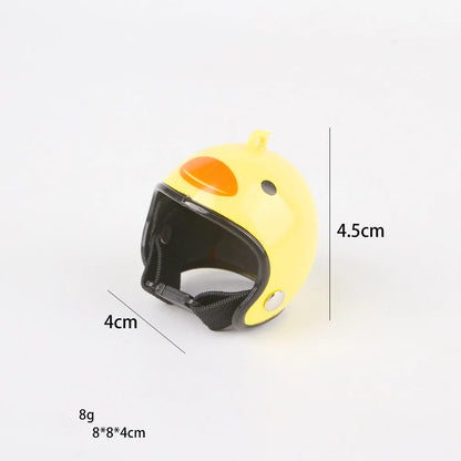 Small hard plastic helmet with elastic straps and sponge lining, designed for a chicken or bird to wear.