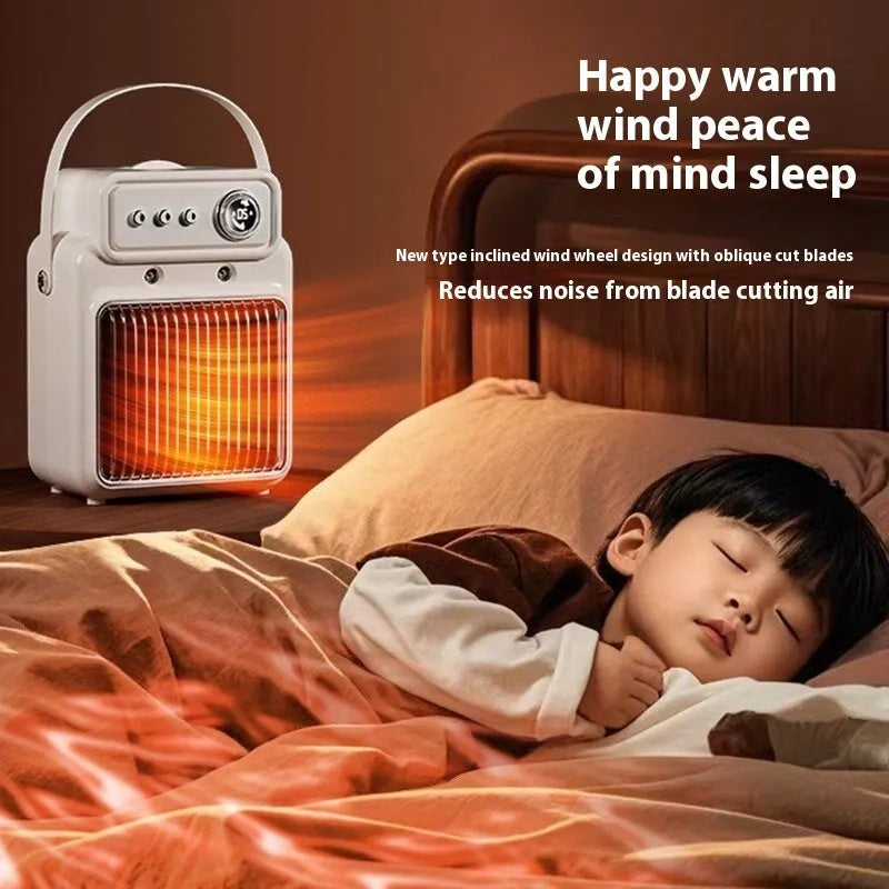 White 1200W room heater with humidifier measuring 19cm by 25cm, showing control panel with temperature and mist settings