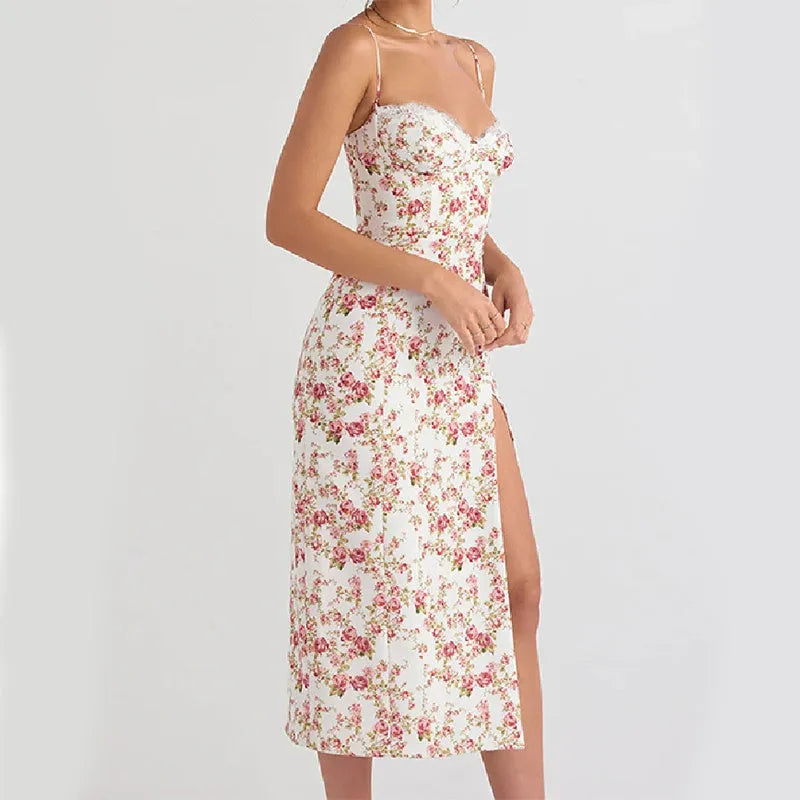 Women's long summer dress with lace flowers print, slit, and suspender straps in polyester fibre