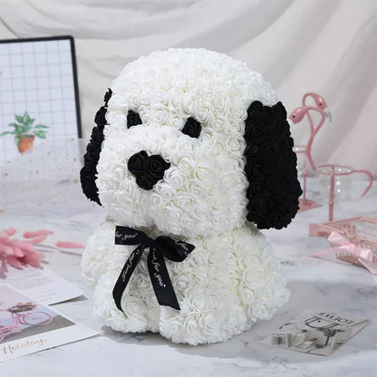 40cm tall plastic rose bouquet with grey pug dog centrepiece and soap flower elements