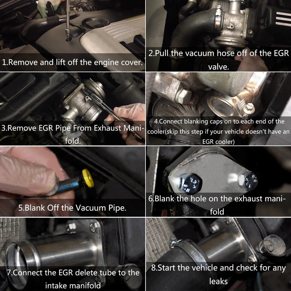BMW E46 diesel EGR delete kit showing black removal tube, blanking plates, bolts, and vacuum plug