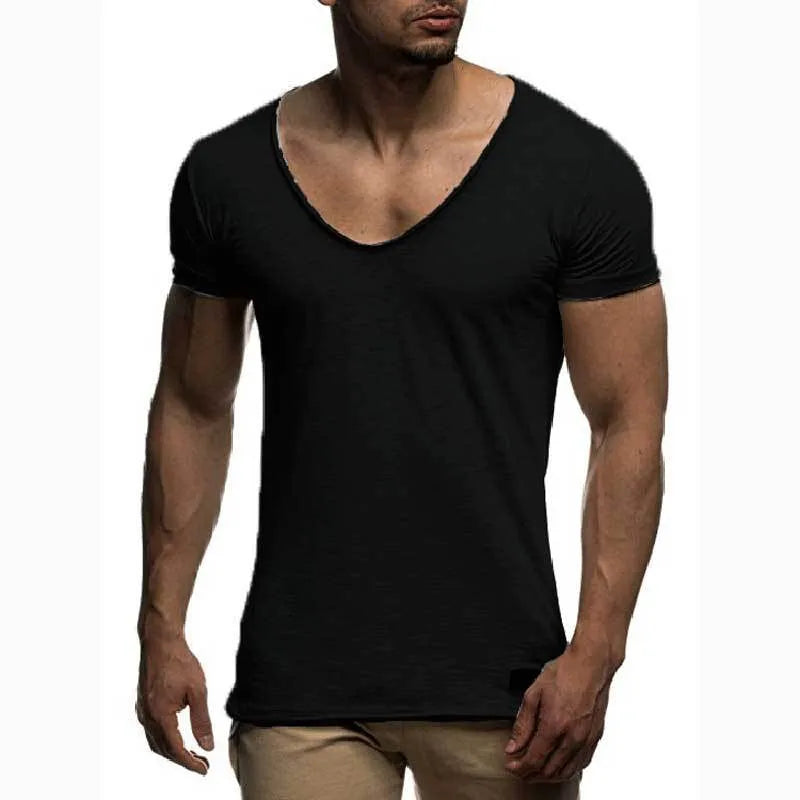 Men's V-neck short sleeve slim fit t-shirt in red, black, white, grey, navy blue, or lake blue, made from 90% modal.