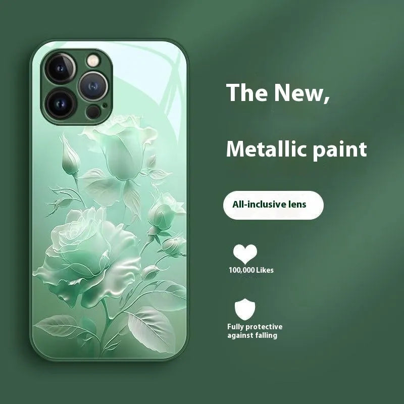 Blooming Rose Glass Painted Phone Case Anti-Degradation Tempered Glass All-Inclusive Red Painted Cover for iPhone 12 13 14 15 Mini Pro Plus Pro Max