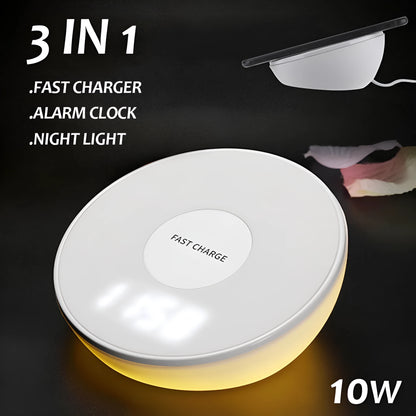 White wireless charging pad with digital clock display and three control buttons on a bedside table.