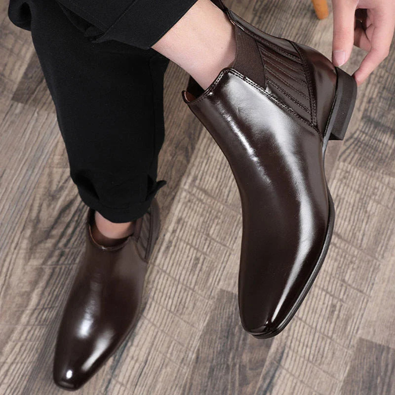 Sleek and sophisticated men's Chelsea boots with pointed toe and square heel design in black and brown colors