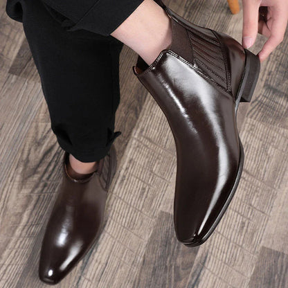 Sleek and sophisticated men's Chelsea boots with pointed toe and square heel design in black and brown colors