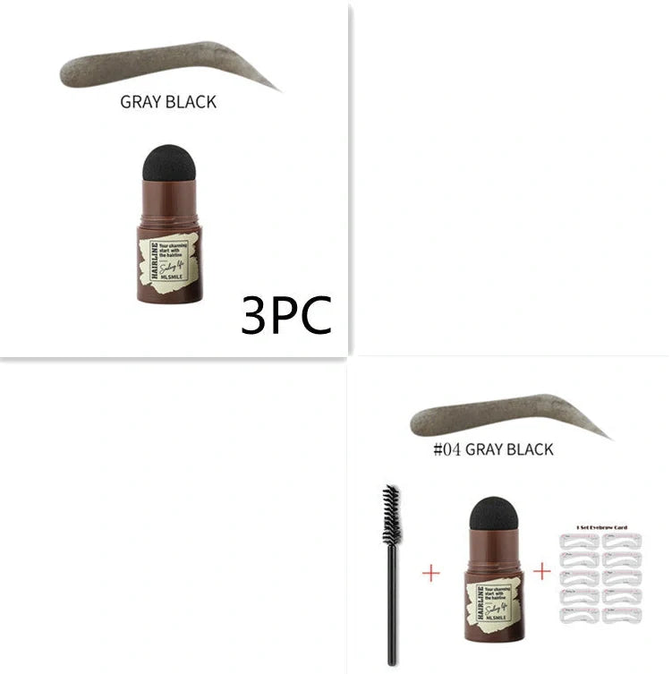 Eyebrow stamp kit with powder compact, air cushion applicator, 10 stencil cards, and dual-ended brow brush on white background