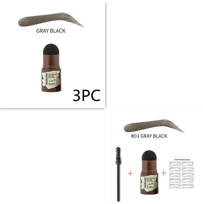Eyebrow stamp kit with powder compact, air cushion applicator, 10 stencil cards, and dual-ended brow brush on white background