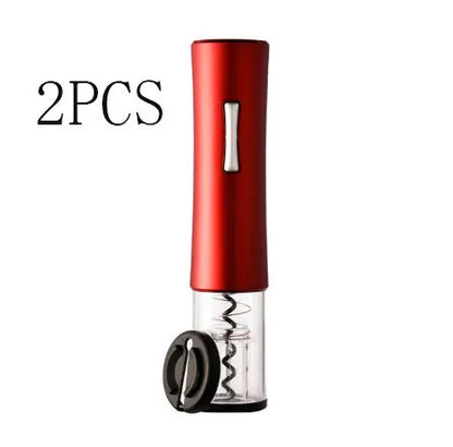 Black electric wine opener with transparent cover and aluminum foil cutter on wooden table
