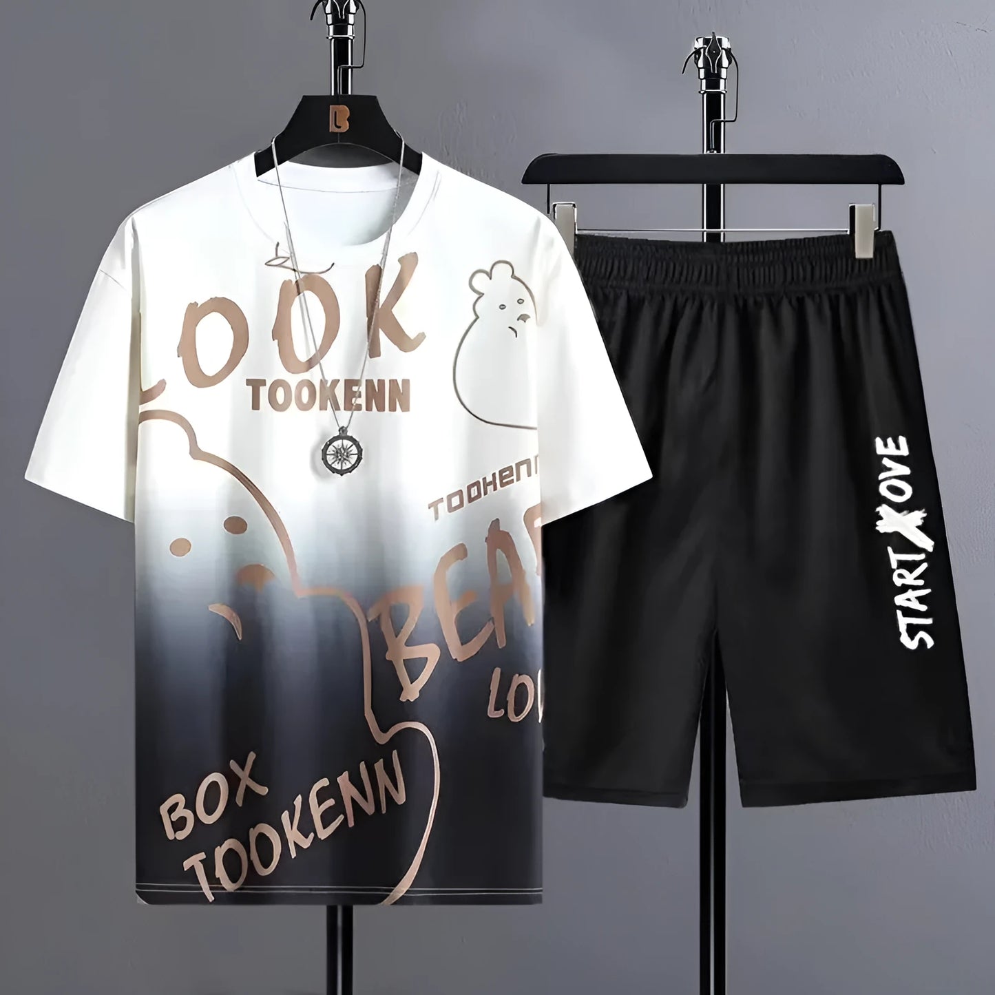 Men's lightweight polyester shorts suit set with short sleeve top and matching shorts for summer