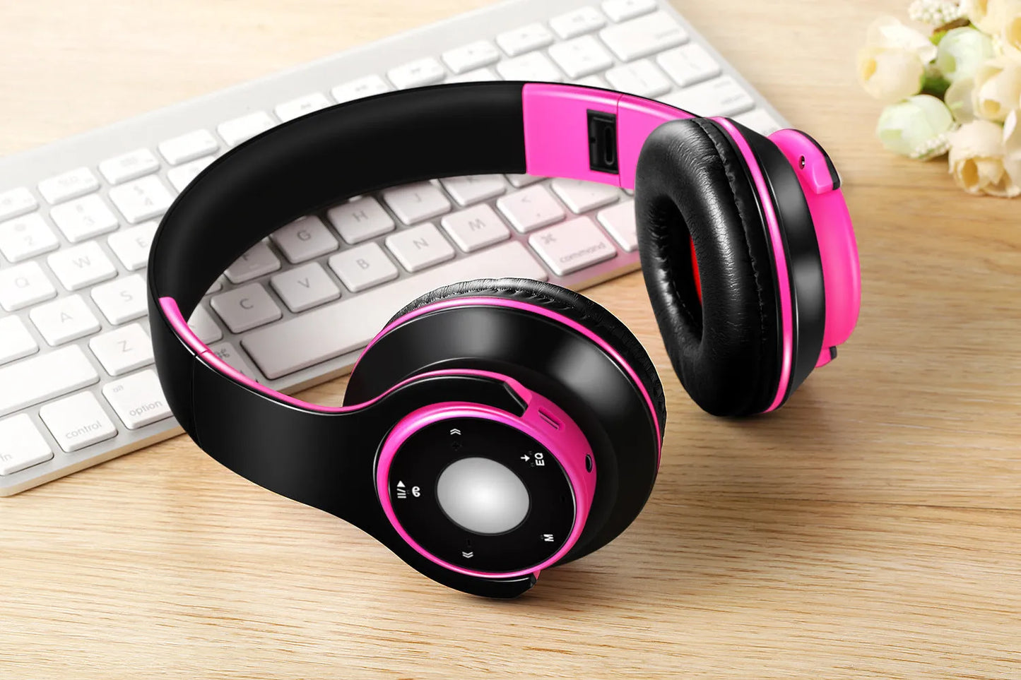 Foldable wireless Bluetooth headphones in blue showing adjustable hinges and 3.5mm cable connection