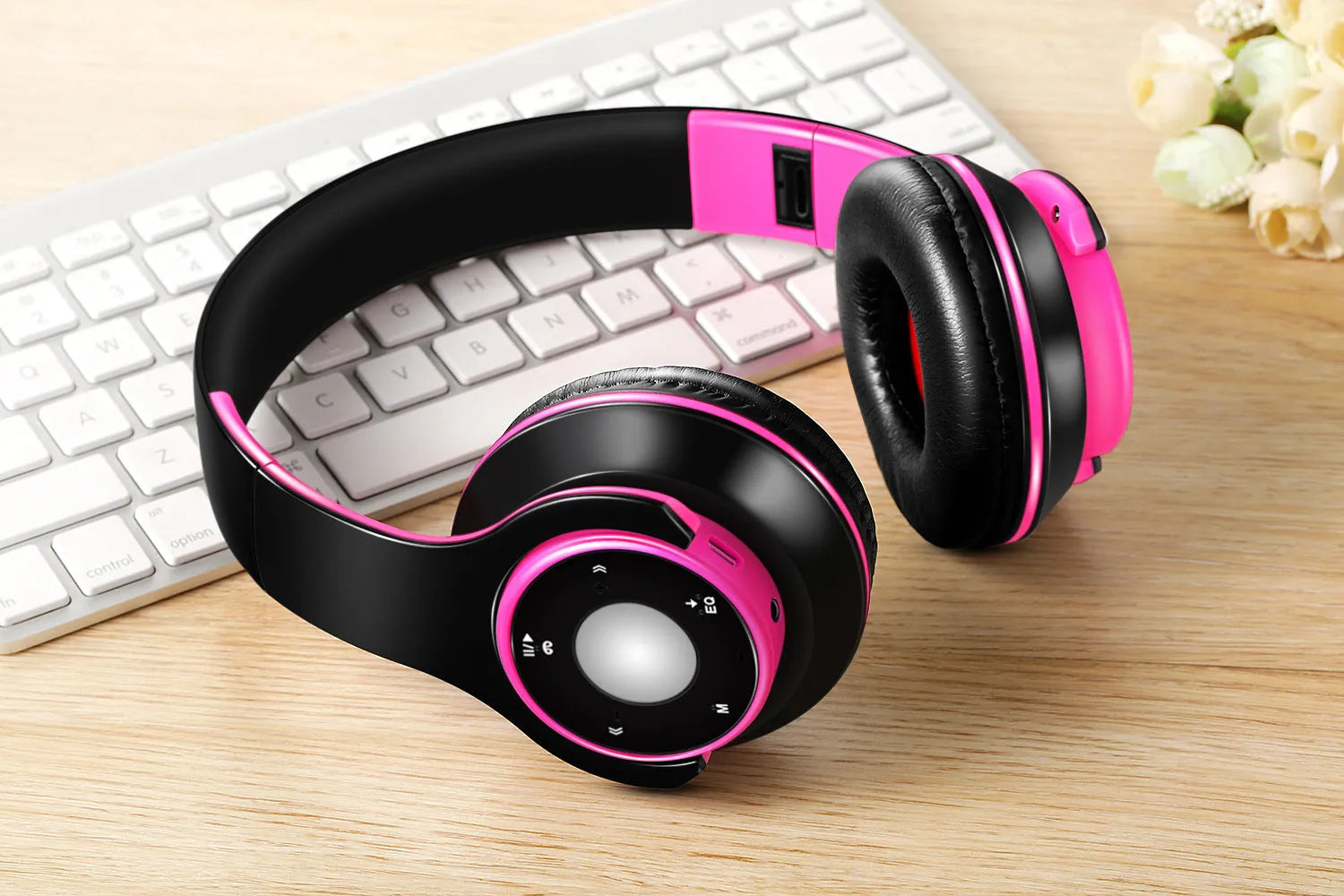 Foldable wireless Bluetooth headphones in blue showing adjustable hinges and 3.5mm cable connection