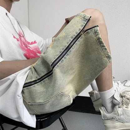 Men's blue denim shorts with retro yellow mud ripped detailing and button-front cardigan closure