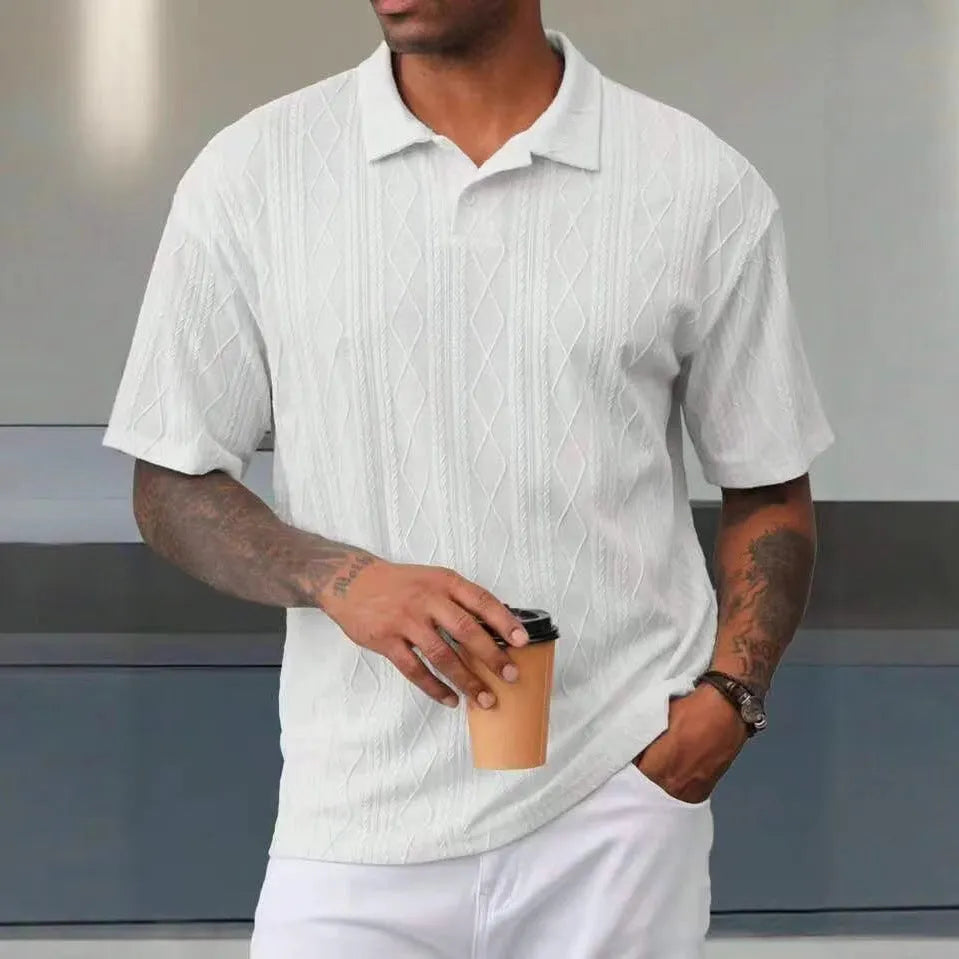 Retro button lapel short sleeve T-shirt in cotton blend fabric showing slit detail