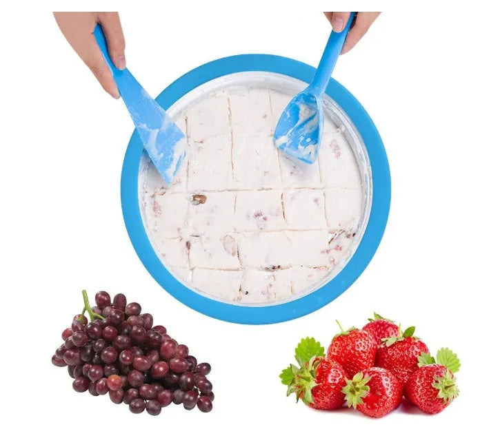 Blue manual fried yogurt ice cream maker with ice tray and serving shovels
