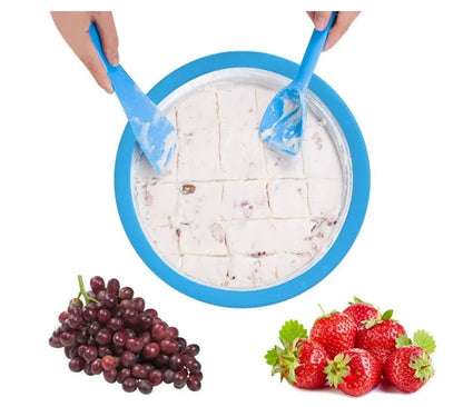 Blue manual fried yogurt ice cream maker with ice tray and serving shovels