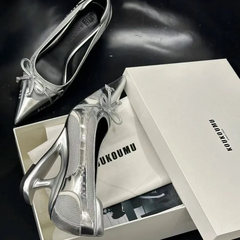 Women's pointed toe Mary Jane shoes with a floating special-shaped heel, microfiber leather upper and lining, black colour slip-on style with 5cm to 8cm heel height for a light, height-increasing effect.
