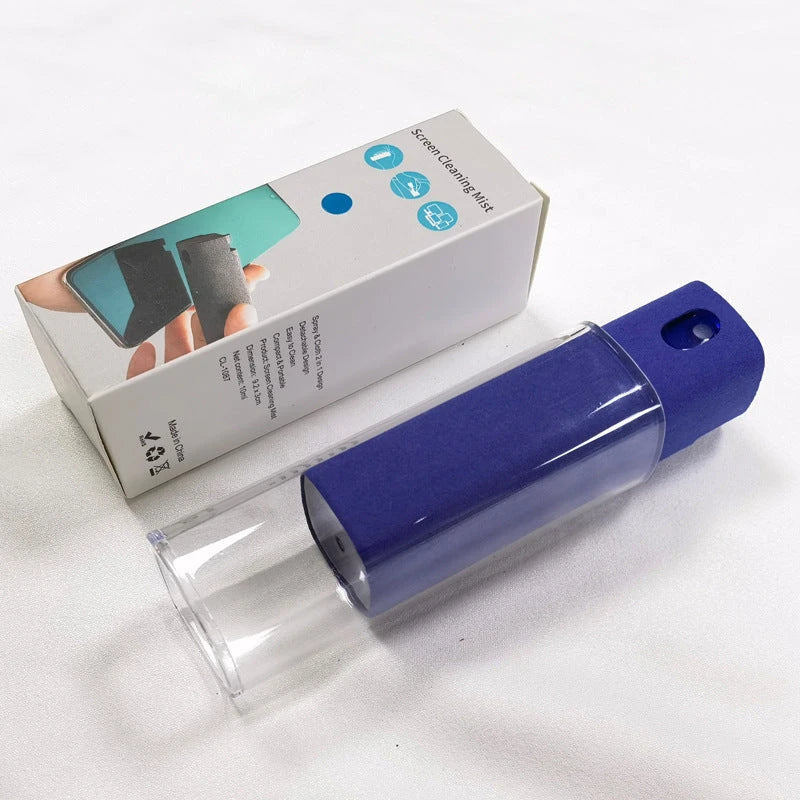 All-in-one screen cleaner with integrated spray bottle and microfiber wipe for cleaning smartphones, tablets, laptops, and other electronic devices