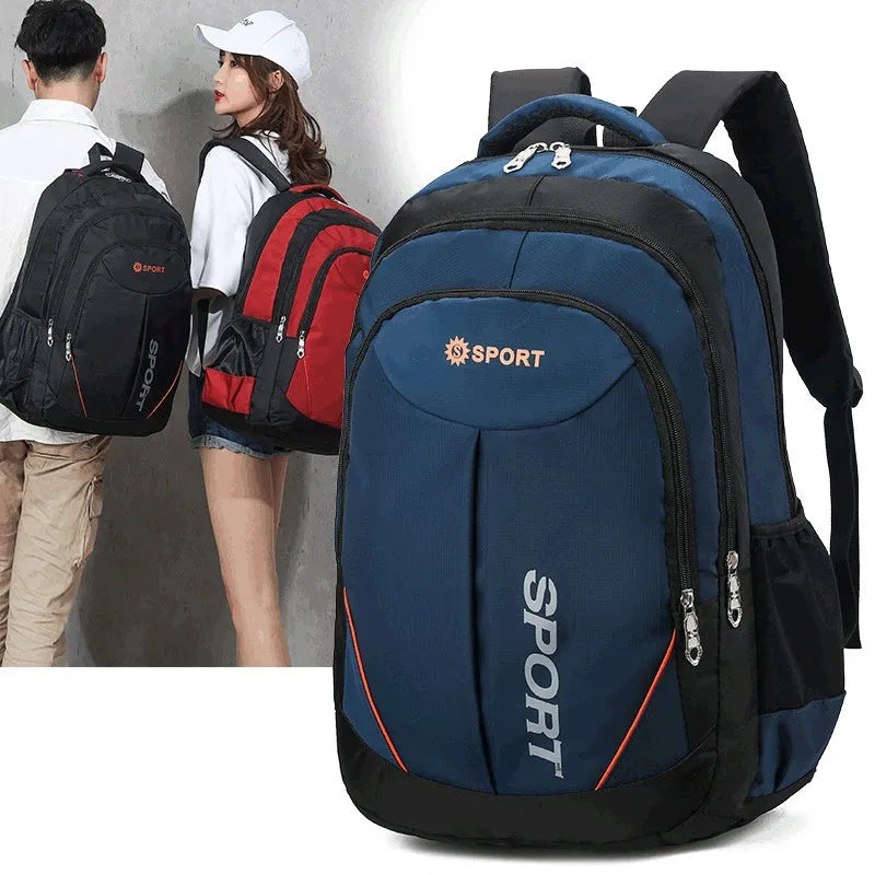 Large black nylon backpack with curved shoulder straps and letter detailing, shown from the side.