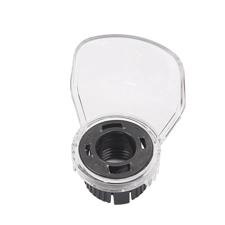 Transparent plastic safety horn cover for Delta angle grinder, showing clear shield and threaded port.