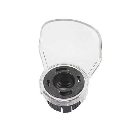 Transparent plastic safety horn cover for Delta angle grinder, showing clear shield and threaded port.