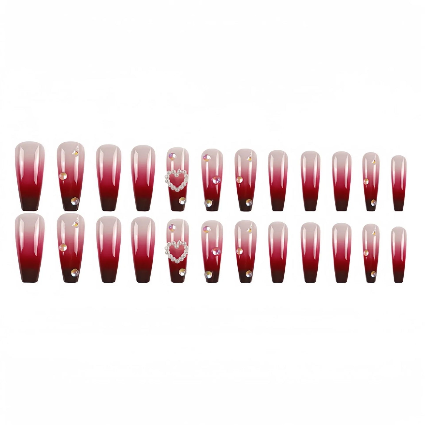 Set of long false nail tips with wine red gradient colour, plaid pattern, and a pearl heart design.