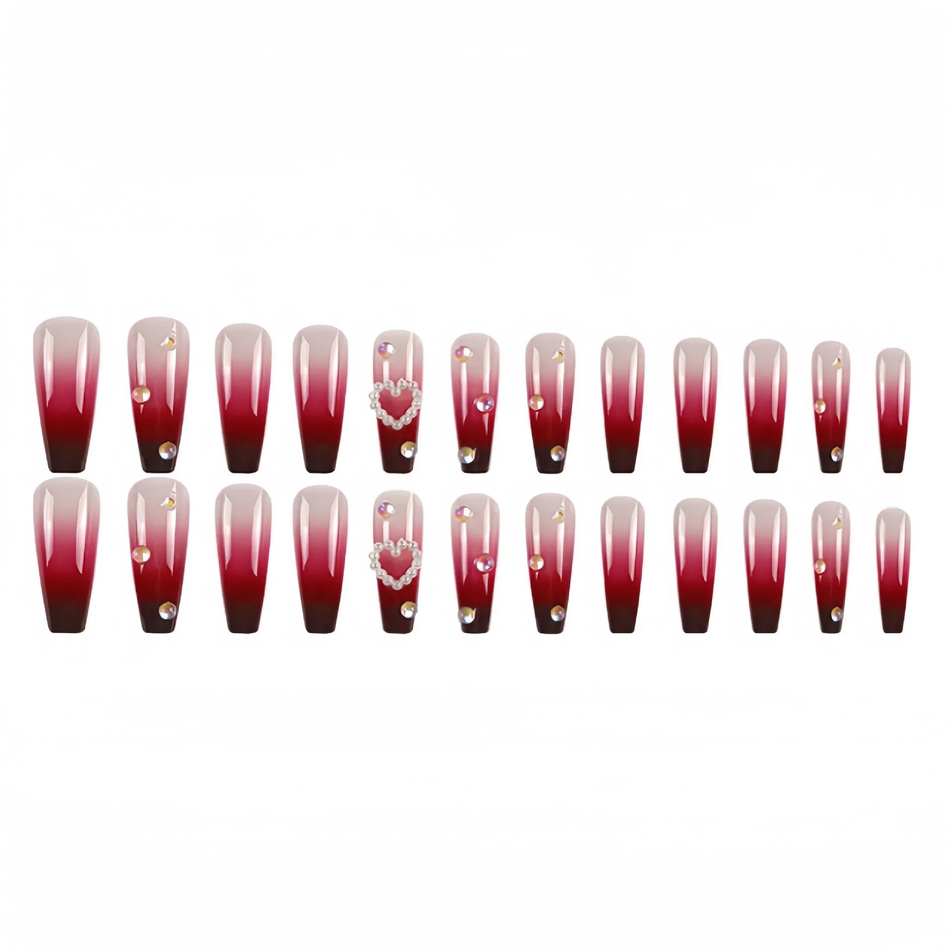 Set of long false nail tips with wine red gradient colour, plaid pattern, and a pearl heart design.