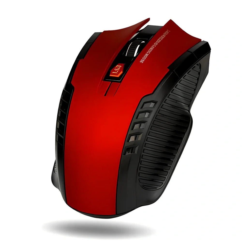 Black wireless computer mouse with six buttons and USB receiver, 100-120mm size