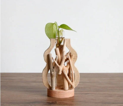Handcrafted wooden vase with glass container for hydroponic floral displays and home decor