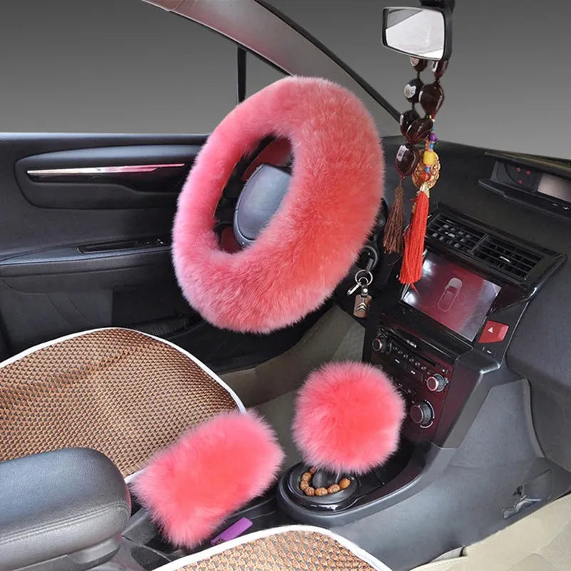 Wool steering wheel cover and handle cover set for car interiors
