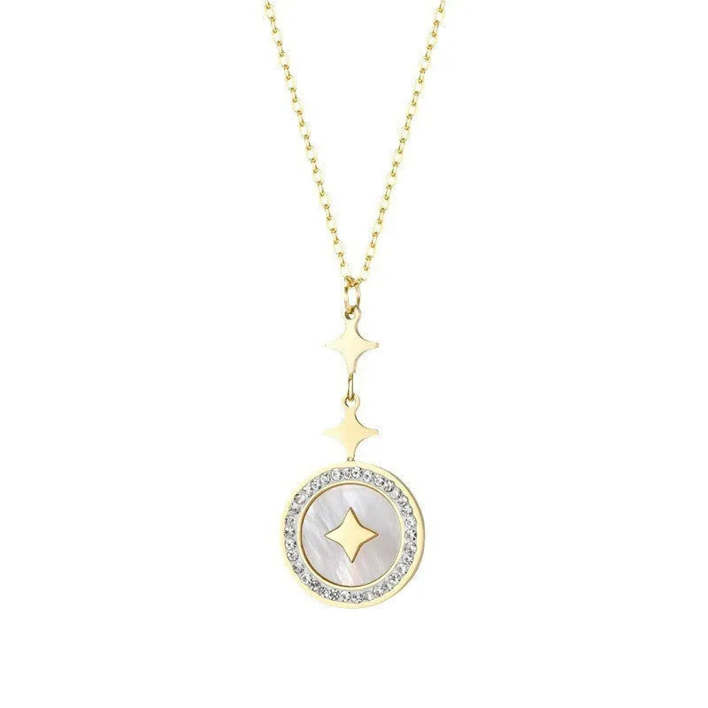 Women's titanium steel necklace with hexagonal star pendant in 42cm chain length featuring 5cm extension chain, available in gold and rose gold finishes for everyday wear or occasion styling, crafted with Seiko treatment process for consistent colour.