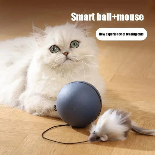 Automatic cat teasing ball with plush mouse for interactive pet play