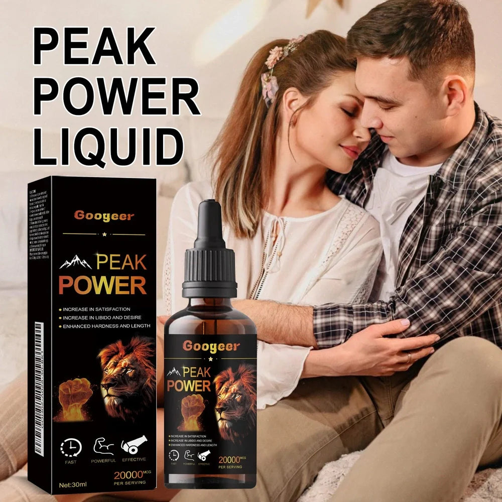 Googeer Peak Power 30ml liquid energy supplement bottle with dropper containing 200mg caffeine per serving